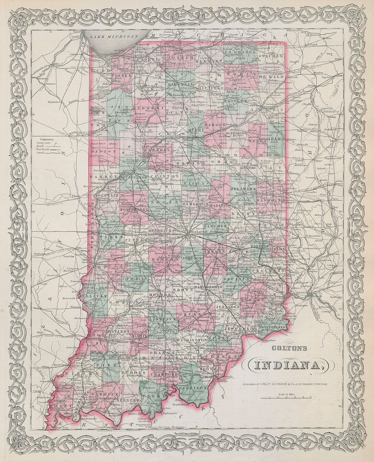 Colton's Indiana. Decorative antique US state map 1869 old chart